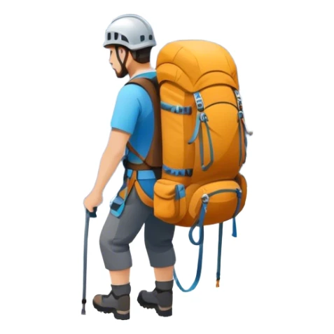 Icon for Mountain Tourism and Climbing: a mountain peak in the background, climbing gear and backpack. The icon should capture the adventure and challenge of alpine exploration. Transparent background. sticker