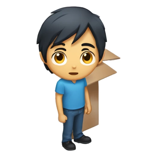 Asian man in blue shirt, dark medium length  hair, hiding in a shipping box sticker