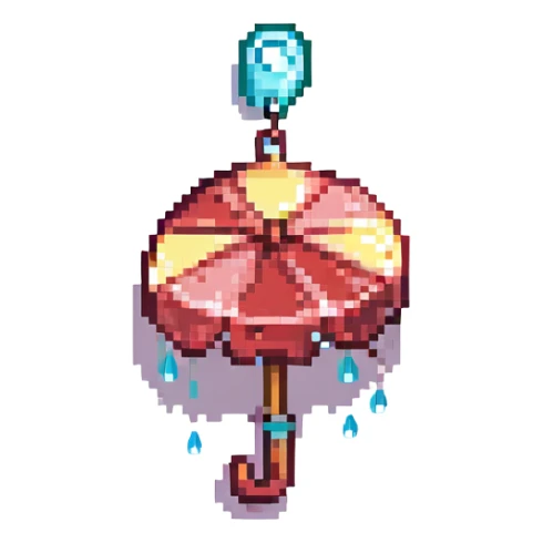 Add accessories including a bow, charm, and raindrop keychain to the burgundy umbrella with raindrops. Keep the pixel art style and no background. sticker