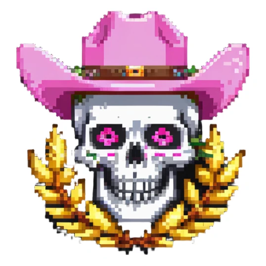 skull wearing a pink cowboy hat with a piece of wheat between its teeth sticker