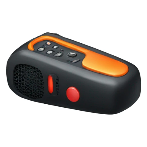 black walkie talkie with red-orange button on side sticker