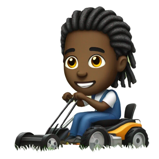 Black man with dreads in ponytail with a push lawn mower sticker