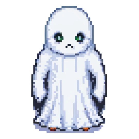 pixel art ghost, classic video game style, white with black outline sticker