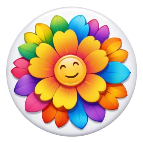 A round hippie colored button with a rainbow flowers in the center sticker