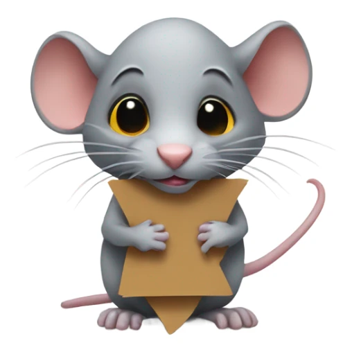 RAT, looks to the right side, holds a sign sticker