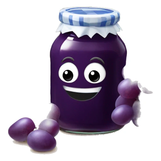 Grape jam in a jar sitting on a nice table with smiling grapes sticker
