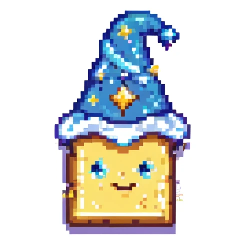 whimsical pixel art butter slice with a starry wizard hat and magical sparkles sticker