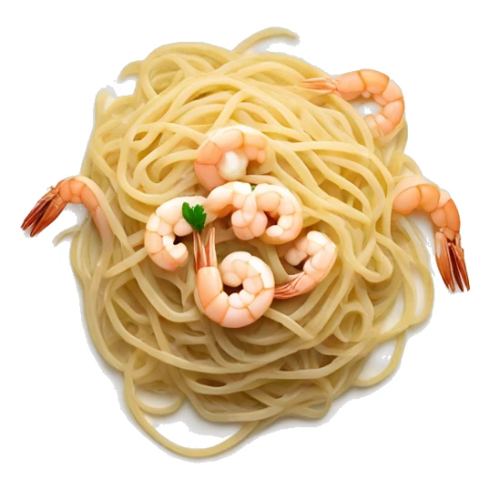 long thin linguine pasta noodles on a plate with white sauce and shrimp top down view high contrast background sticker
