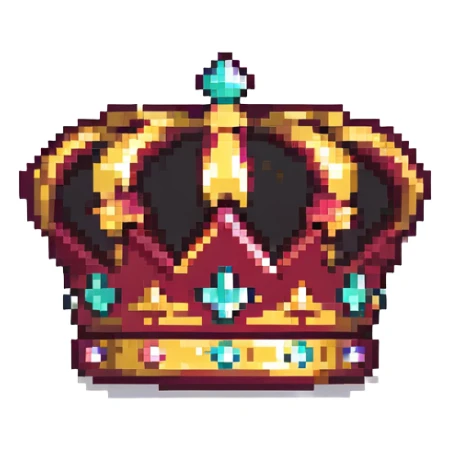 maroon crown with black, gold, and white accents, sparkling effect, pixel art style sticker