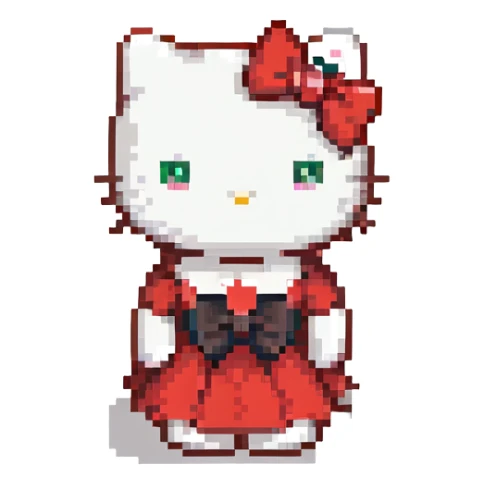 Hello Kitty sitting pose red dress classic look minimal details pixel art with a subtle bow variation sticker