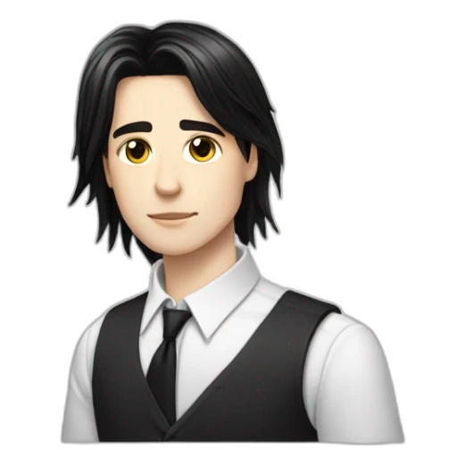 androgynous white boy bang black straight hair white shirt black tie sticker