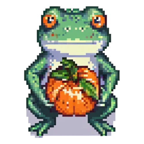pixel art frog holding a persimmon fruit, vibrant colors sticker