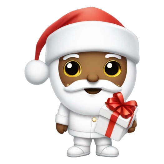“An adorable full-body Santa with a white suit, fluffy white beard, rosy cheeks, big eyes, and a red hat with a white pom-pom, holding a small gift.” sticker