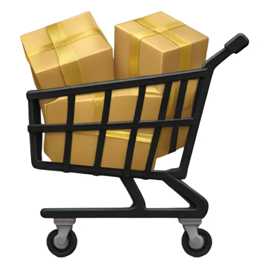 Black shopping cart filled with brown and gold boxes sticker