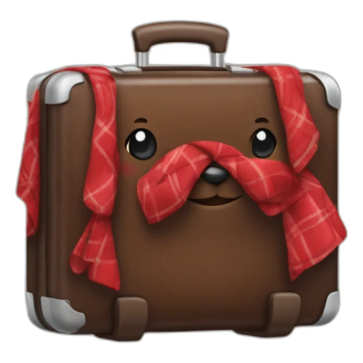 Chocolate colored doodle with wavy hair wearing a red and black flannel handkerchief with a carryon suitcase sticker