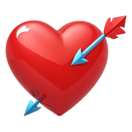 Apple-style 3D illustration of a glossy red heart pierced by a horizontal double-ended arrow. One end of the arrow has a small female symbol, the other end has a small male symbol. The heart is centered, shiny, with soft shadows, floating on a clean white background, minimal and emotional design sticker