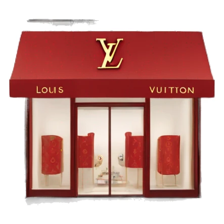 “Louis Vuitton store exterior with a red facade, iconic LV monogram, large glass windows, and elegant entrance doors.” sticker
