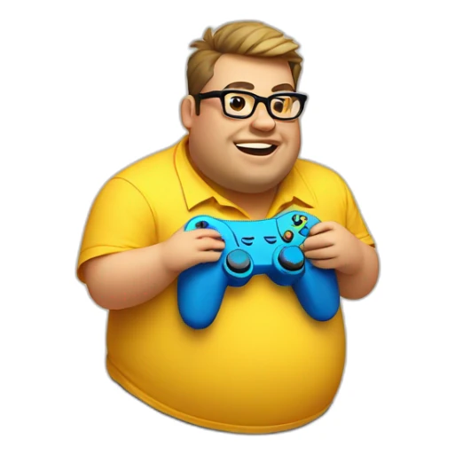 fat guy wearing a yellow hawaii shirt with rectangular glasses playing video games sticker
