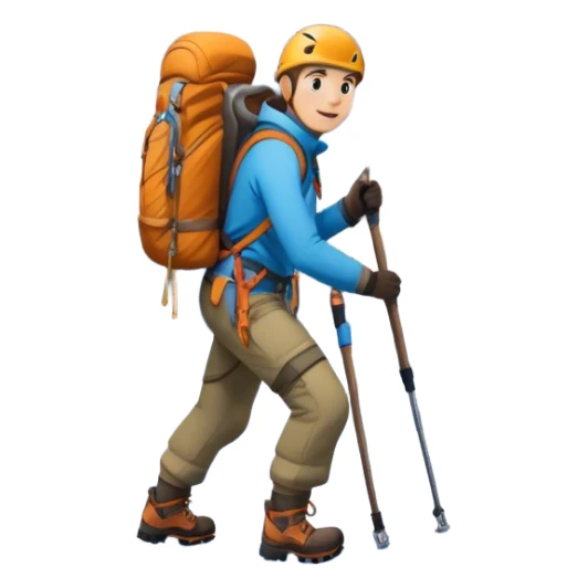 Icon for Mountain Tourism and Climbing: a mountain peak in the background, with a hiker carrying a backpack, an ice axe, and wearing climbing gear. The icon should capture the adventure and challenge of alpine exploration. Transparent background. sticker