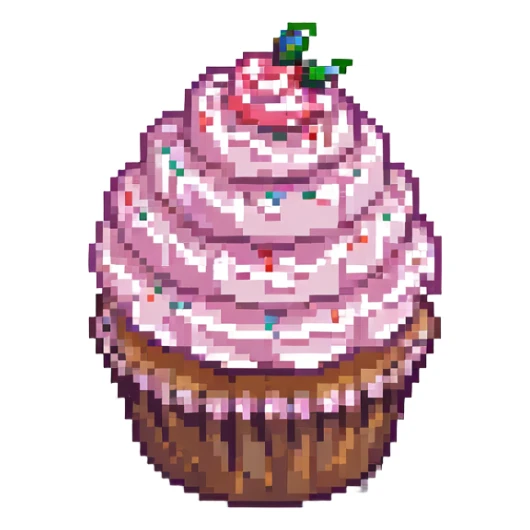 pixel art cupcake with pink frosting and sprinkles sticker