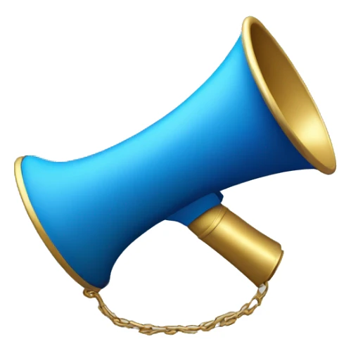 a blue megaphone with small golden 3d sound onomatopoeias sticker