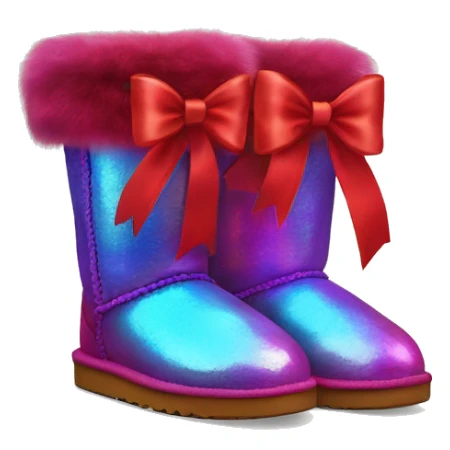 Pair of iridescent red Ugg fur boots with red silk ribbon bows. sticker