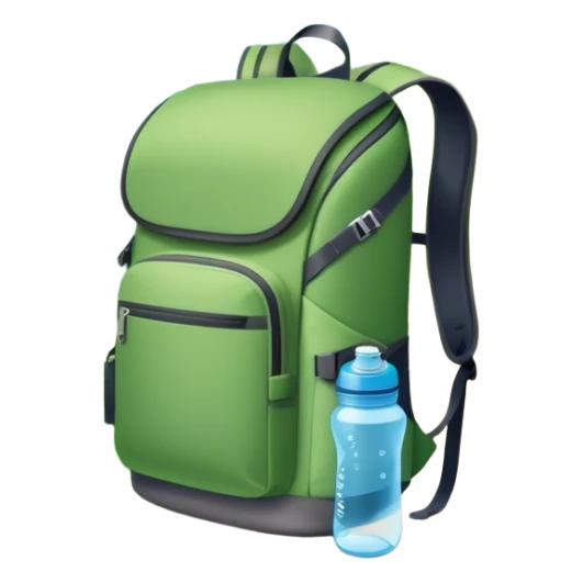 Icon for Ecotourism: a lightweight hiking backpack with a reusable water bottle, placed against a backdrop of lush green nature, with trees and a scenic trail. The icon should represent eco-friendly travel and the beauty of the outdoors. Transparent background. sticker