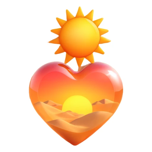 Add a realistic sun inside the glass heart, above the desert sand dunes, keep the glass look and no vegetation, 3D emoji style, with no background sticker