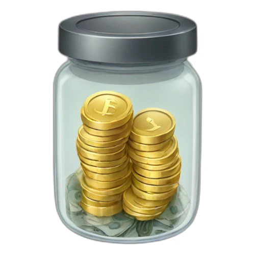 A Clear transparent jar with a granite metallic lid filled with cash and gold  sticker