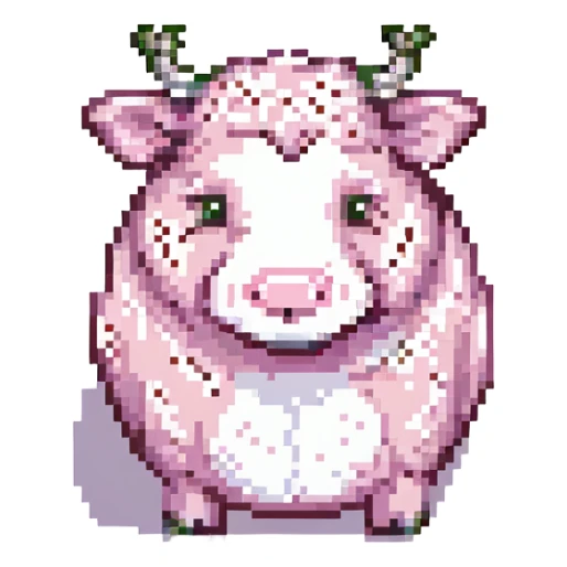 strawberry cow, pixel art style, small and chubby, pink and white, with strawberry patterns sticker