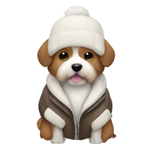 cute small brown fluffy dog with a white benie and jacket on sticker