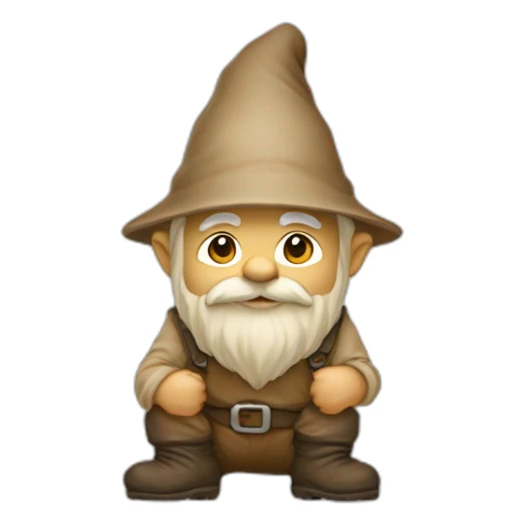 side view of gnome with light tan pants and boots squatting on top of small brown mud sticker