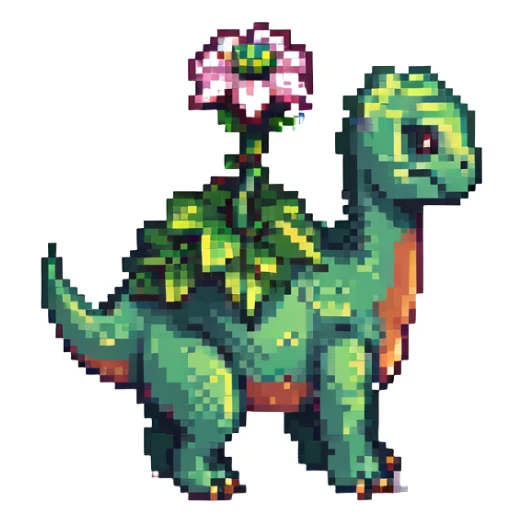 green plant-type dinosaur with a flower bud on its back, Pokémon pixel art style sticker