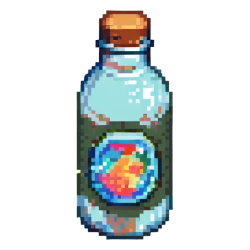 small round bottle with a blank label in pixel art style sticker