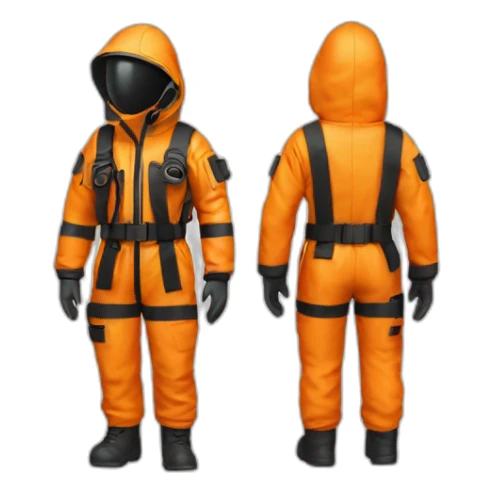 2 persons in orange Orange hazmat suit, black boots, belt with pouches, front view sticker