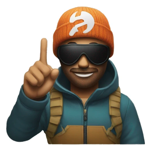 ski mask make him have his hand up and has a peace sign sticker