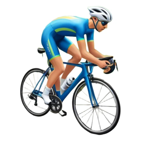 An icon featuring a sleek road bicycle with aerodynamic wheels on a winding mountain road. The background showcases a stunning landscape with rolling green hills, a bright blue sky, and distant peaks. Sunlight casts dynamic shadows, emphasizing motion and speed. Transparent background. sticker