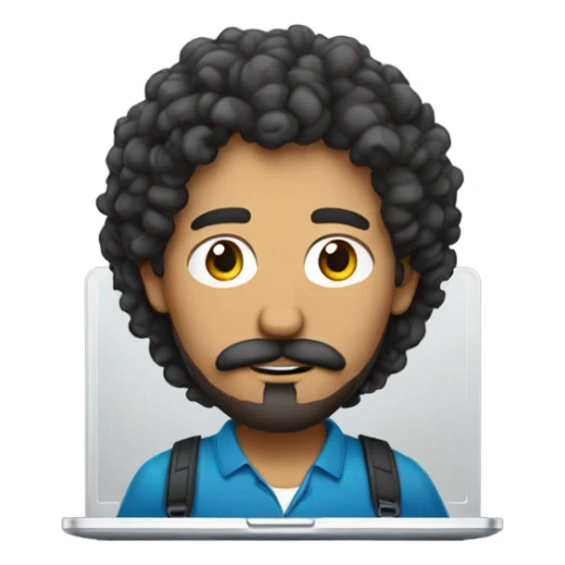 no glasses, Mexican school IT technician with apple laptop and with curly hair and mustache and beard  sticker