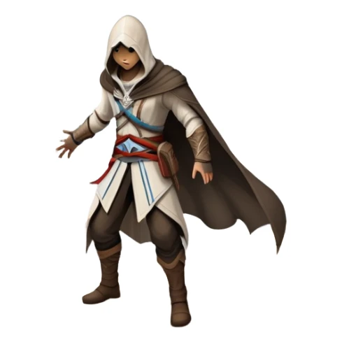 An icon representing an adventure game, inspired by Assassin's Creed. The design features a heroic character in hooded attire, scaling a tall building in a historical cityscape. The background shows ancient architecture and hidden symbols, symbolizing exploration and stealth. Transparent background  sticker