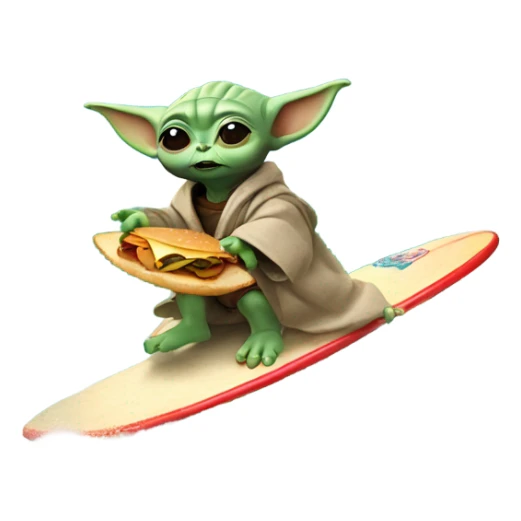 Baby yoda on a surf board while eating a burger and riding a wave sticker