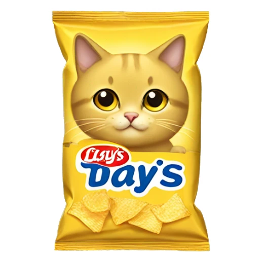 Beige-gray cute cat with big sparkling eyes sitting inside a yellow Lay's chips packet sticker