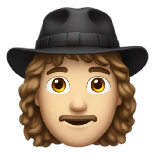 white guy with shoulder length brown hair, a slight mustache, wearing a black bucket hat, slight mustache sticker