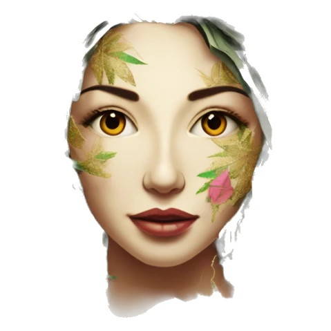  Hemp 420 lady face melting gold drizzle kintsugi multicoloured funky alm leaves tropical made of 420 origami newspaper roses hemp leaves lantern fairy lights paper and hemp leaves in hair sticker