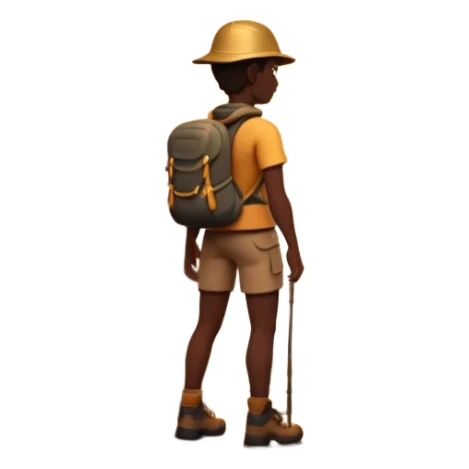 A 3D cartoon hiker silhouette standing on a rocky path at sunset, warm golden light, Memoji-style rendering. sticker