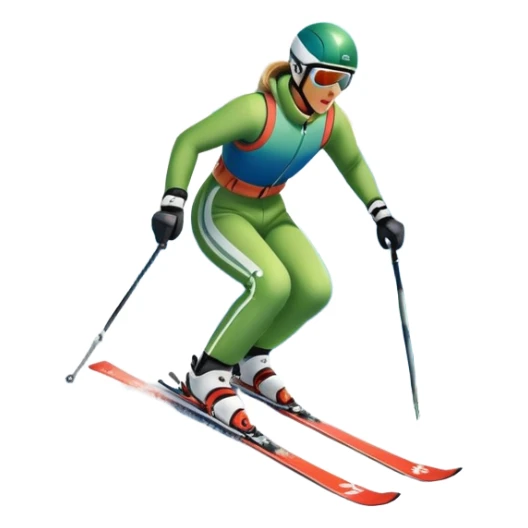 An icon featuring snowy peaks, pine trees, and a picturesque mountain landscape with a skier racing down a snow-covered slope. The sky is blue with soft clouds, capturing the thrill and beauty of alpine skiing. Transparent background highlights the excitement and serenity of winter sports. sticker