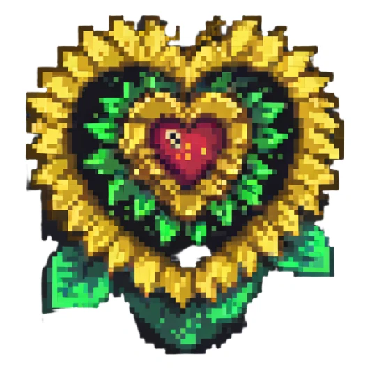 a sunflower blooming around a human heart, 8-bit style, pixel art sticker