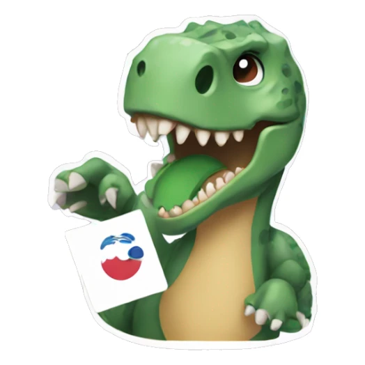 A dinosaur holding a kpop photocard sticker