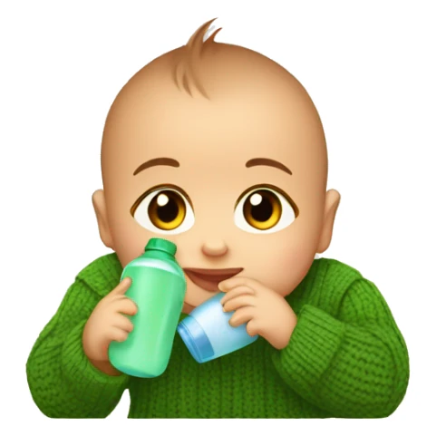 a 2 month old baby with a green sweater and brown eyes drinks his bottle sticker