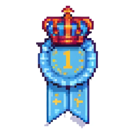 pixel art badge for first place with a ribbon and crown, pixelated style sticker
