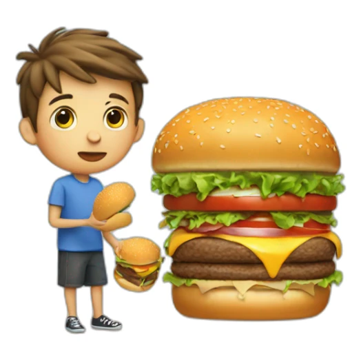 Boy taking bit of big burger with big motth sticker